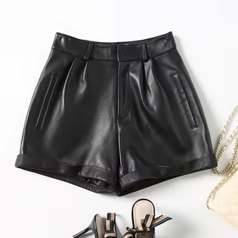 2024 Winter Women European/American Fashion Genuine Leather Shorts Real Lambskin High Waist Flanging Wide Leg Trousers Boots