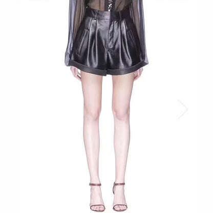 2024 Winter Women European/American Fashion Genuine Leather Shorts Real Lambskin High Waist Flanging Wide Leg Trousers Boots
