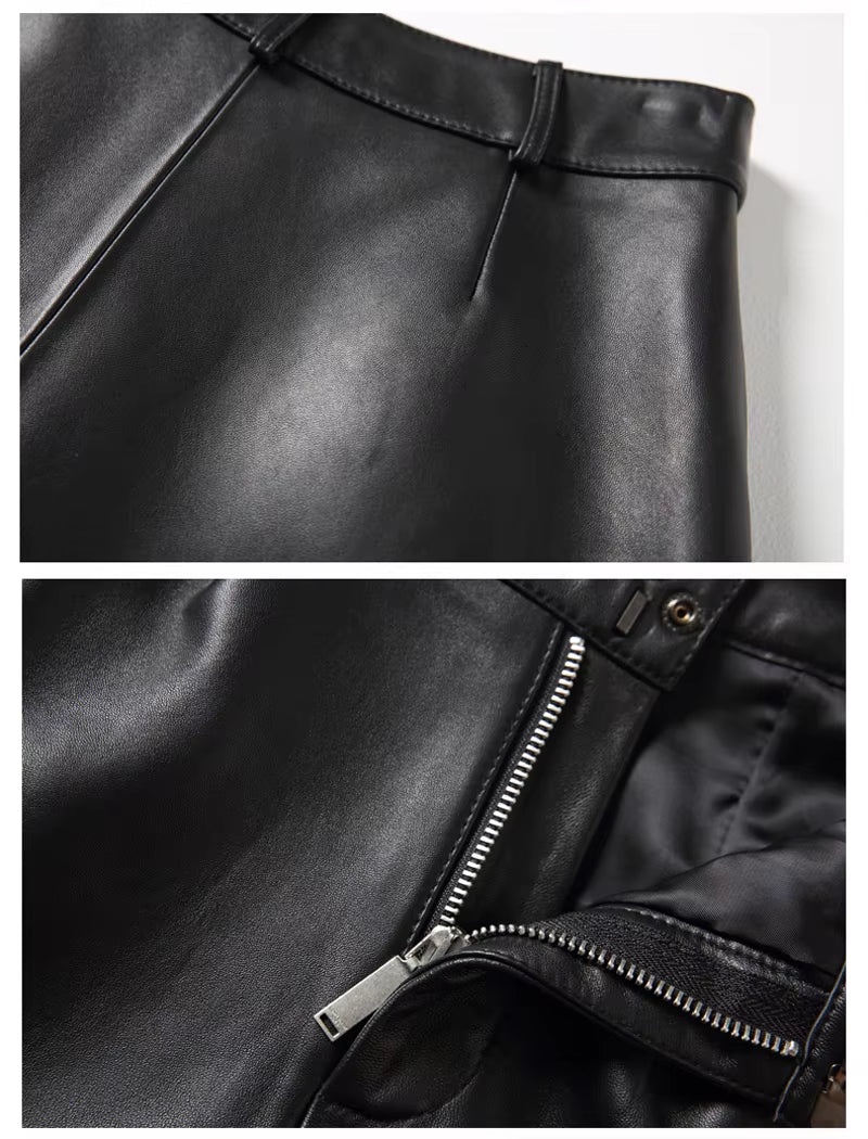 2024 Winter Women European/American Fashion Genuine Leather Shorts Real Lambskin High Waist Flanging Wide Leg Trousers Boots
