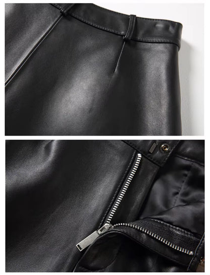 2024 Winter Women European/American Fashion Genuine Leather Shorts Real Lambskin High Waist Flanging Wide Leg Trousers Boots
