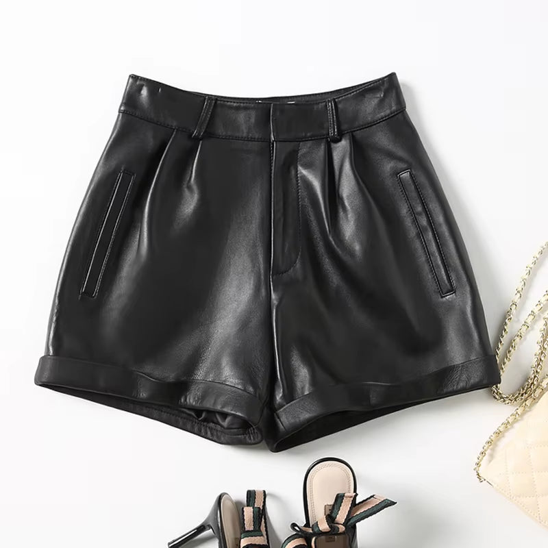 2024 Winter Women European/American Fashion Genuine Leather Shorts Real Lambskin High Waist Flanging Wide Leg Trousers Boots