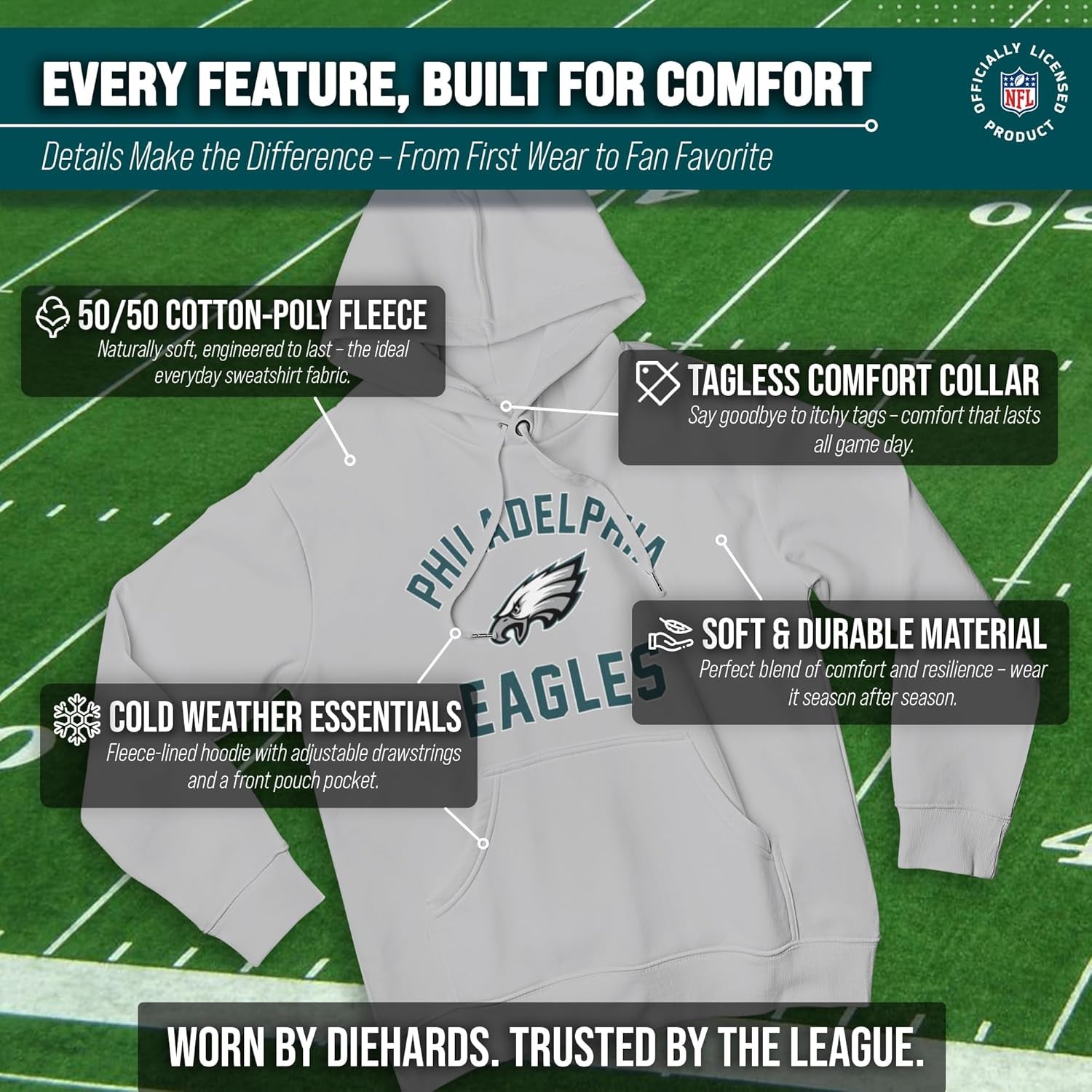 NFL Adult Gameday Hooded Sweatshirt - Poly Fleece Cotton Blend - Stay Warm and Represent Your Team in Style