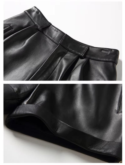 2024 Winter Women European/American Fashion Genuine Leather Shorts Real Lambskin High Waist Flanging Wide Leg Trousers Boots
