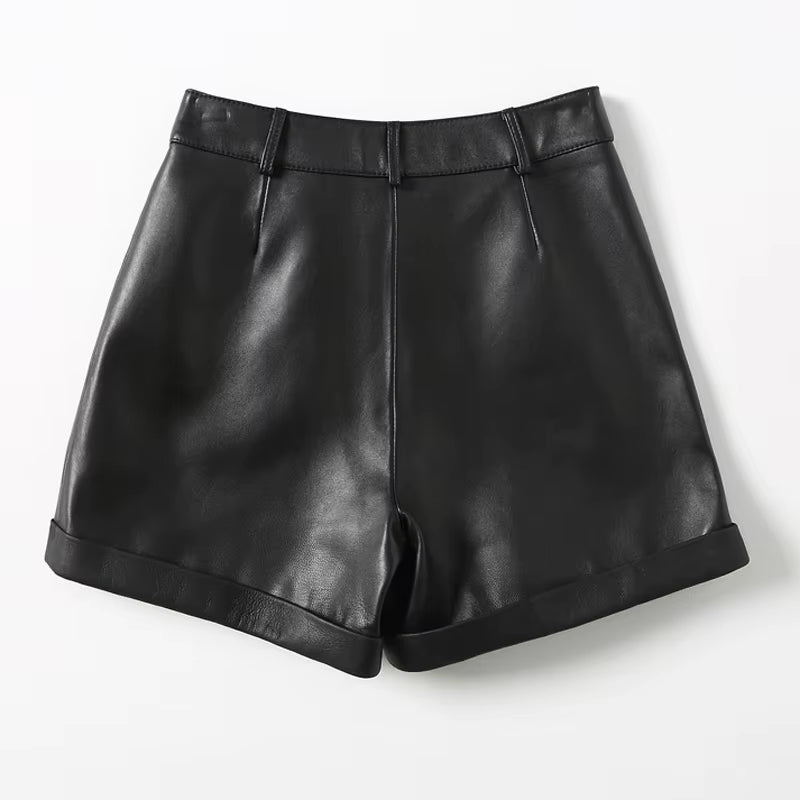 2024 Winter Women European/American Fashion Genuine Leather Shorts Real Lambskin High Waist Flanging Wide Leg Trousers Boots