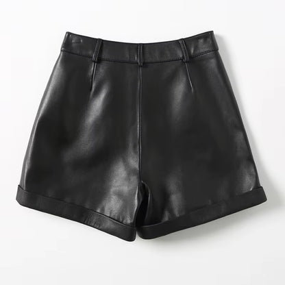 2024 Winter Women European/American Fashion Genuine Leather Shorts Real Lambskin High Waist Flanging Wide Leg Trousers Boots