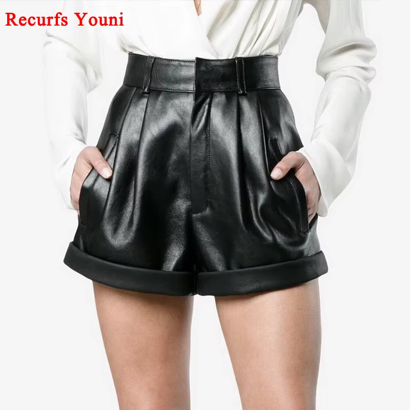 2024 Winter Women European/American Fashion Genuine Leather Shorts Real Lambskin High Waist Flanging Wide Leg Trousers Boots