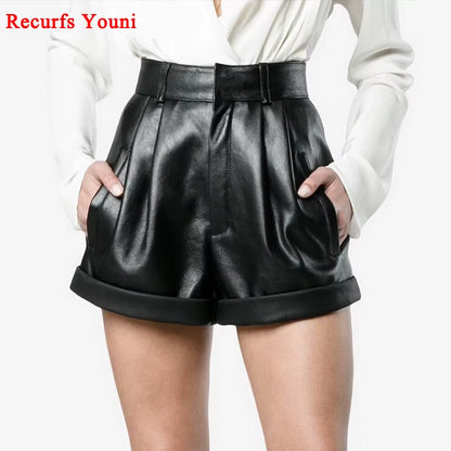 2024 Winter Women European/American Fashion Genuine Leather Shorts Real Lambskin High Waist Flanging Wide Leg Trousers Boots